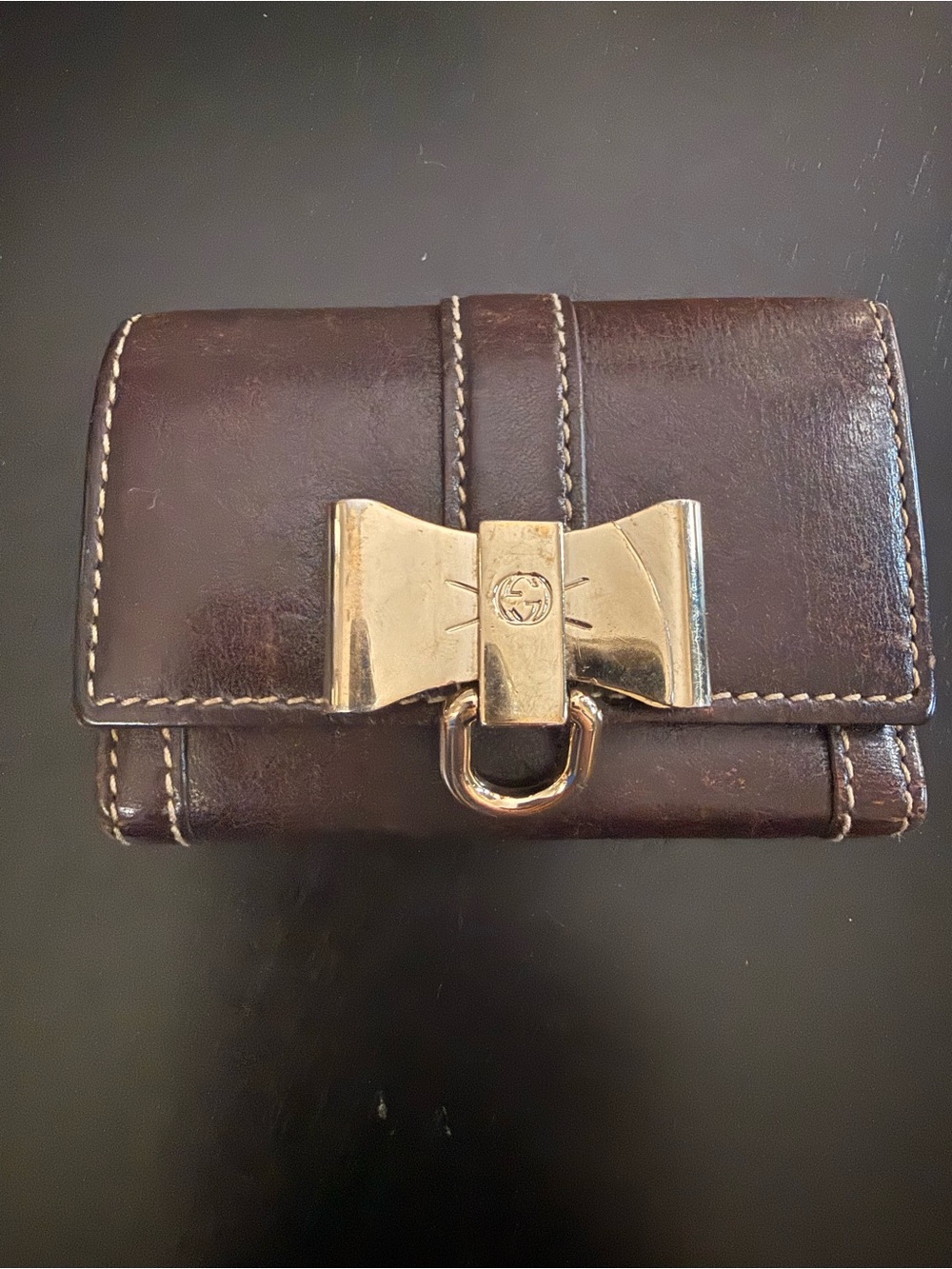 Gucci Dark Brown Leather key Wallet with Gold Bow Accent